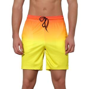 Men's Drawstring Waist Colorful Pattern Hawaiian Swim Board Shorts Yellow